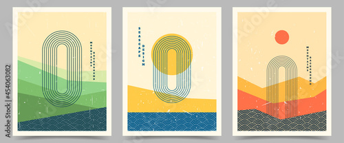 Vector illustration. Bauhaus. Mid century modern graphic. 60s retro funky graphic. Grunge texture. Minimalist landscape set. Abstract shapes. Design elements for poster, book cover, magazine, brochure