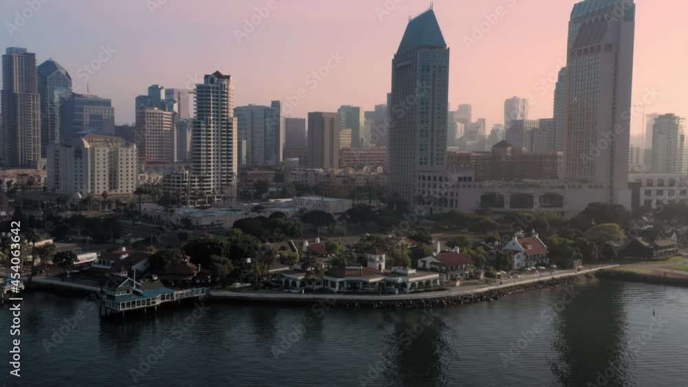 Aerial: San Diego City skyline and Seaport Village, California, USA Aerial: San Diego City skyline and Seaport Village, California, USA