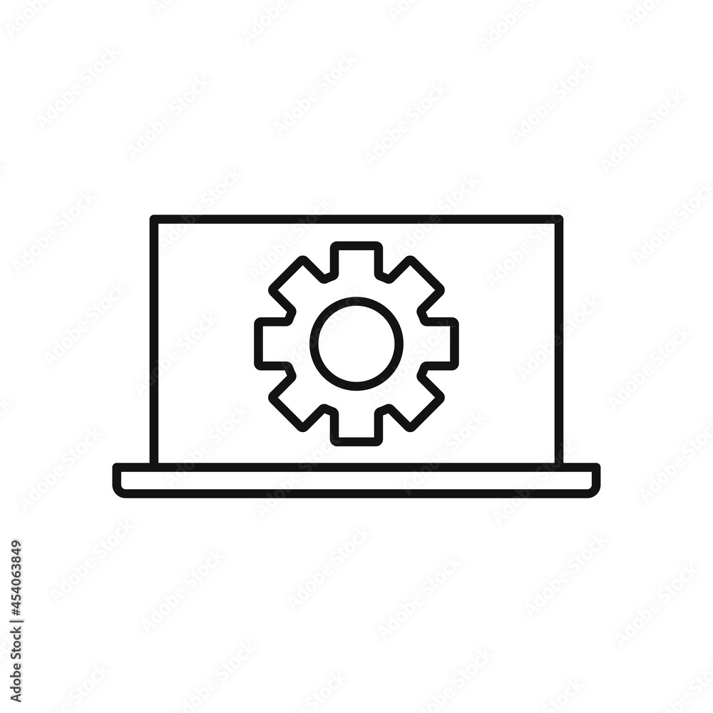 Laptop or pc with gear settings isolated vector icon. Laptop or pc with gear settings isolated vector icon.