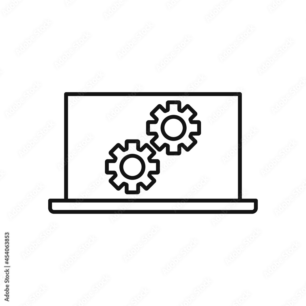 Laptop or pc with gear settings isolated vector icon. Construction concept. Laptop or pc with gear settings isolated vector icon. Construction concept.