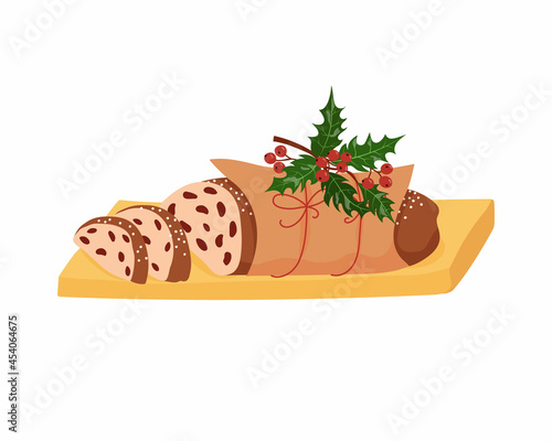 Christmas stollen with holly. Festive treat hand drawn style