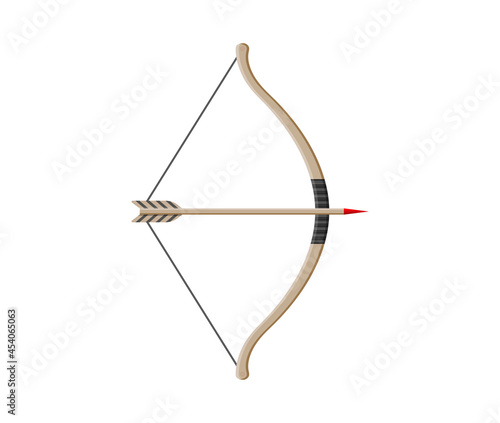 Bow with arrow. Weapon of archery. Wooden longbow with arrows for indian archer. Cartoon bow for medieval hunter. Icon or logo for ancient hunt isolated on white background. Shoot in bullseye. Vector