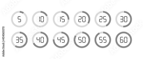 Timer icon. Stopwatch with second and minute. Clock for time, countdown and stop. Watch with sec from 5 to 60. Chronometer for speed, sport and cooking. Set of graphic symbols. Vector photo