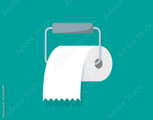 Roll of toilet paper on holder. Icon in flat style for bathroom, kitchen and wc. Clean tissue towel in cylinder. Paper napkin on holder. Disposable dry napkin for hygiene in wc. Cartoon icon. Vcetor