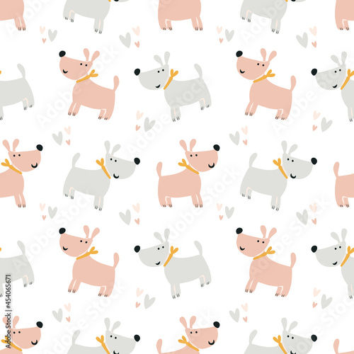 Fototapeta Naklejka Na Ścianę i Meble -  cute dogs pattern. Cute couple of loving dogs. Modern seamless baby print for printing on diapers, bedding, pajamas. Background for digital paper, scrapbooking. Vector illustration, doodle
