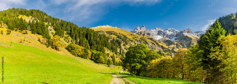 Fototapeta premium Einödsbach bei Obersdorf mit Blick auf die Allgäuer Hochalpen