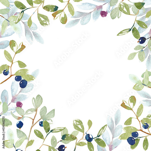 watercolor frame. Hand-drawn blueberries on a light background. suitable for backgrounds, cards, posters, invitations