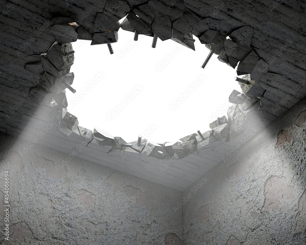 A hole in a ceiling broken on pieces and metal carcass parts, illuminated by the light from outside, 3d illustration - obrazy, fototapety, plakaty 