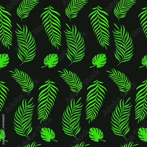 Seamless pattern with tropical leaves  palm and monstera. Black background.