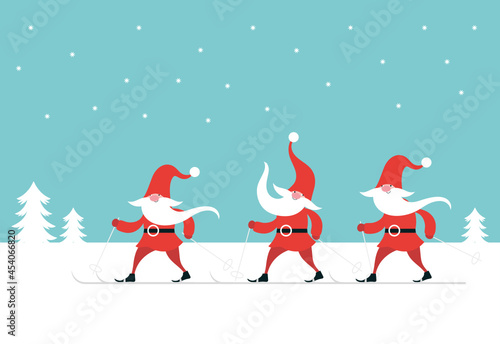 Christmas card with cute gnomes ski. Happy New Year. Merry Christmas.   Vector Illustration for flyers, poster, Greeting cards, advertisement, etc