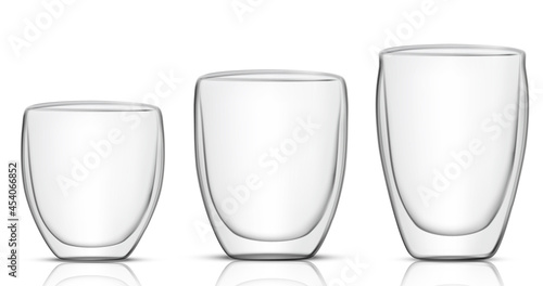 Set transparent vector of realistic  double walled glasses of hot drink, espresso, cappuccino or latte. Mockup for brand advertising.