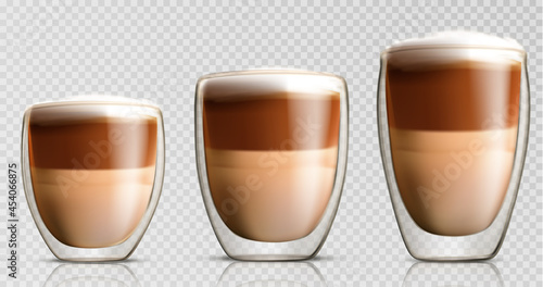 Set of realistic glossy glass cups with double wall full of hot cappuccino or latte.