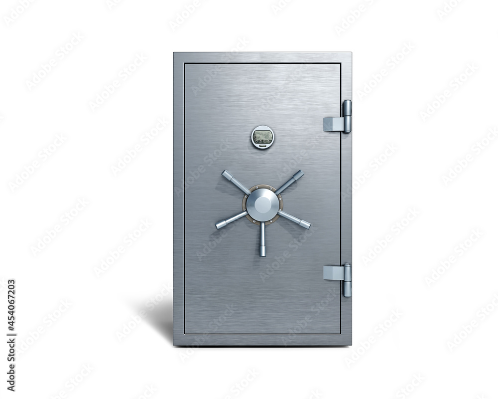 A closed steel safe, isolated on white background, front view, 3d illustration - obrazy, fototapety, plakaty 
