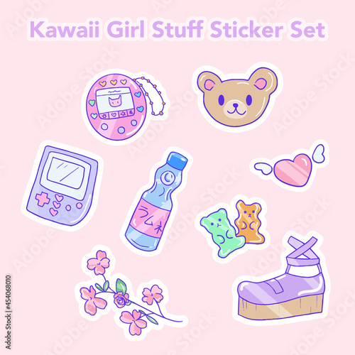 Kawaii girl stuff isolated sticker set. 90s aesthetic Japanese girl cute icons