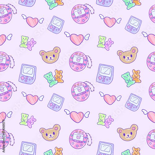 Foto Seamless pattern with retro 90s girl toys, game console and cute bears