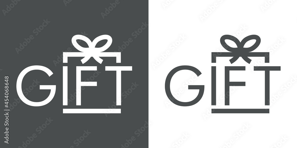 Logotipo con texto Gift con forma de silueta de caja de regalo con lineas en fondo gris y fondo blanco