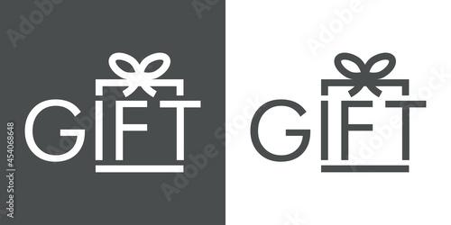 Logotipo con texto Gift con forma de silueta de caja de regalo con lineas en fondo gris y fondo blanco