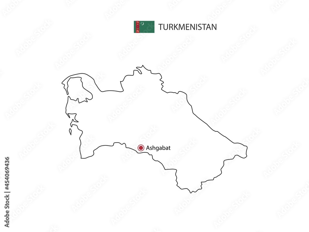 Hand draw thin black line vector of Turkmenistan Map with capital city Ashgabat on white background.