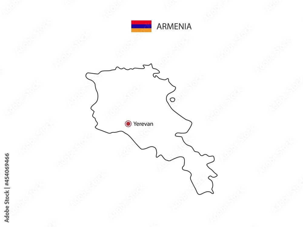 Fototapeta premium Hand draw thin black line vector of Armenia Map with capital city Yerevan on white background.