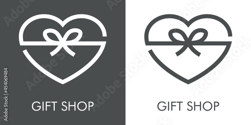 Logotipo con texto Gift Shop con silueta de caja de regalo con forma de corazón con lineas en fondo gris y fondo blanco