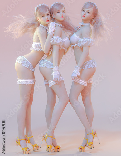 3D rendering illustration lace cute triplets girls