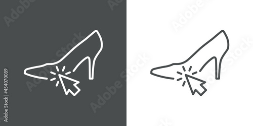 Tienda de zapatos. Logotipo con silueta de zapato de mujer de tacón alto con flecha de cursor con lineas en fondo gris y fondo blanco