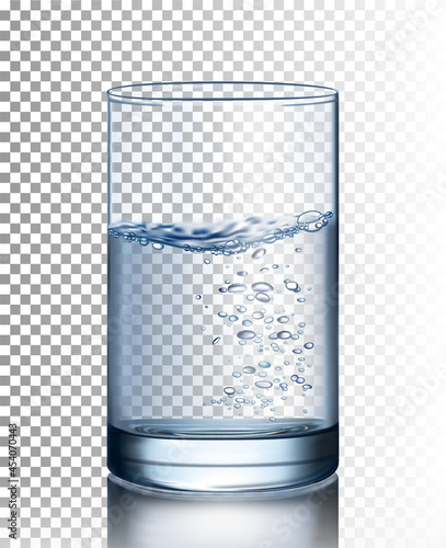 Glass of water with bubbles on a transparent background. Vector illustration