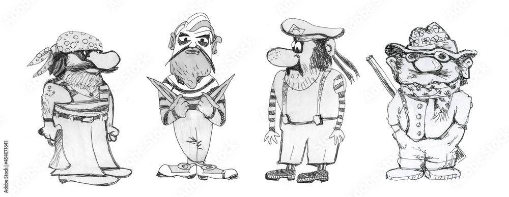 Pirates, a group of funny pirates. Drawing cartoon style.