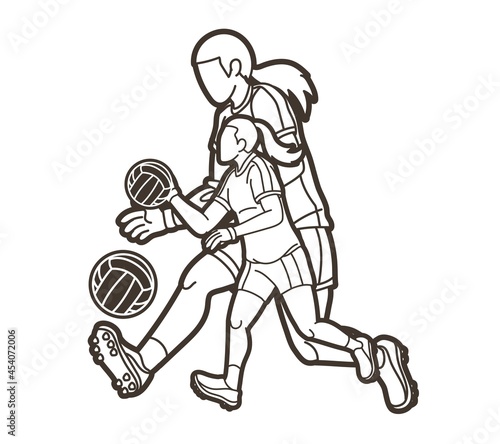 Gaelic Football Sport Female Players Action Cartoon Graphic Vector