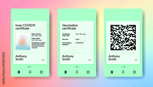 Digital vaccination certificate. Flu shot document. Immunization for travel. International COVID-19 pass in app. Inoculation passport in smartphone. Vector illustration.
