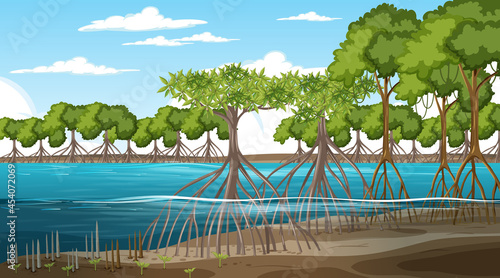 Mangrove forest landscape scene at daytime with many different animals