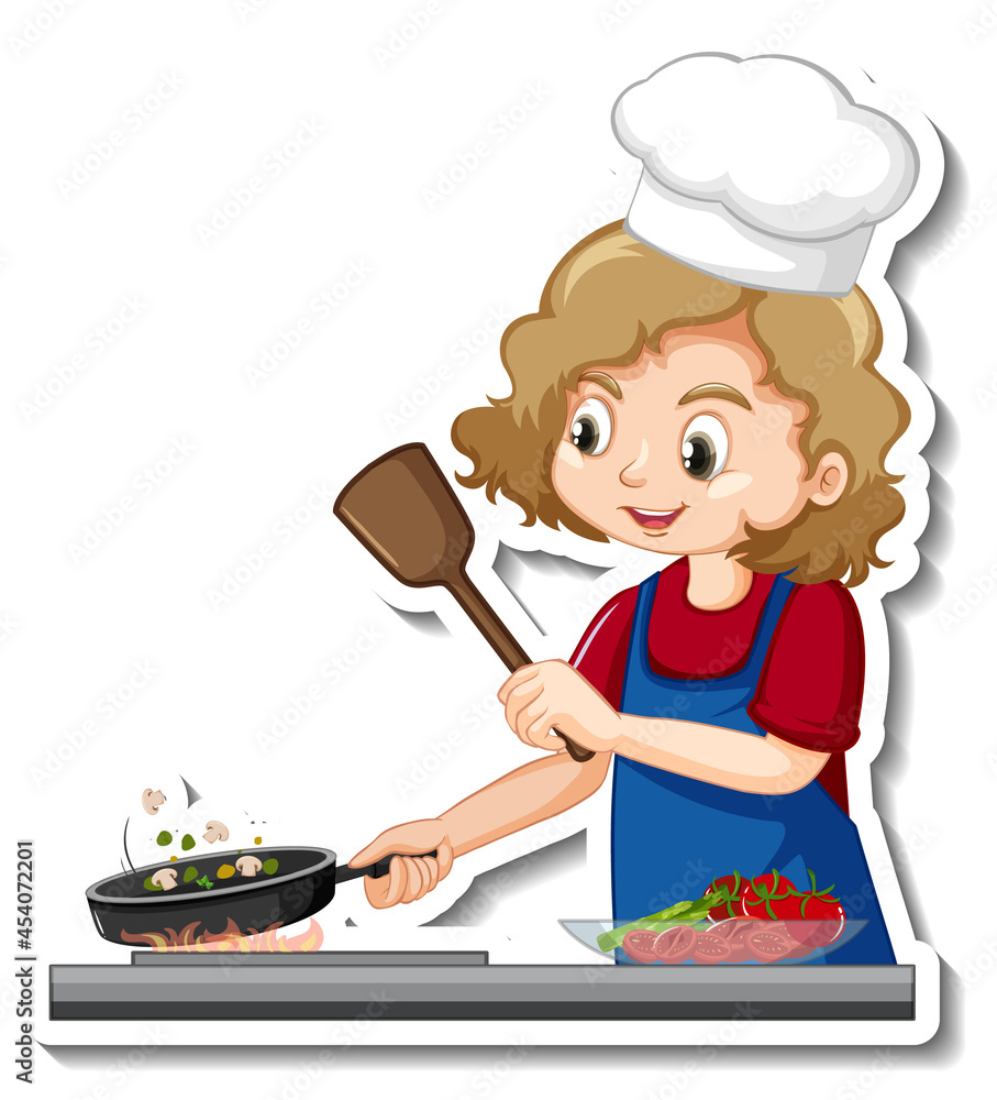 Sticker design with chef girl cooking food cartoon character Sticker design with chef girl cooking food cartoon character