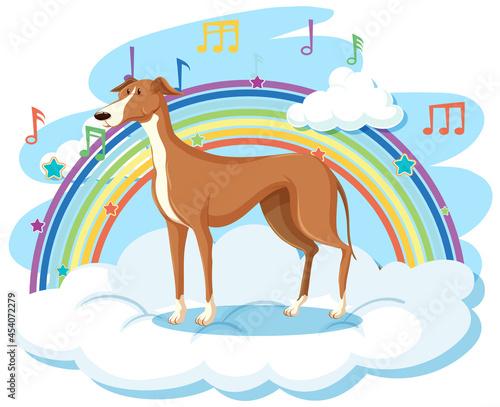 Cute dog on the cloud with rainbow