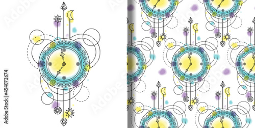 Vector watercolor clock print and seamless pattern