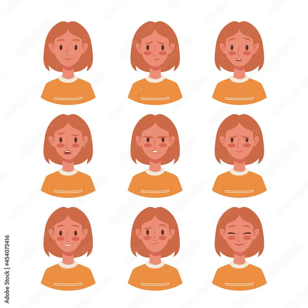 Young woman different emotions. Angry, smile, sad, surprised, unhappy. Set of girl face expressions. Various expression, mood changes. Avatar girl emoji. Cartoon flat character design for animation Young woman different emotions. Angry, smile, sad, surprised, unhappy. Set of girl face expressions. Various expression, mood changes. Avatar girl emoji. Cartoon flat character design for animation