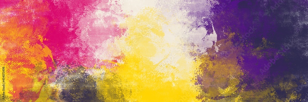 Unique painting art with yellow, purple and white oil paint brush for presentation, card background, wall