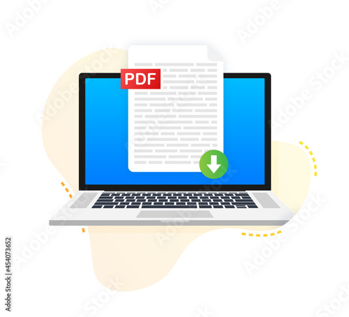 Download PDF button on laptop screen. Downloading document concept. File with PDF label and down arrow sign. Vector illustration