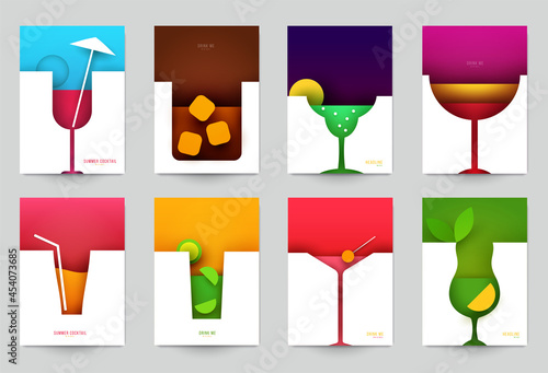 Set of abstract silhouette cocktails with alcohol or juice in minimalistic geometric flat style. Creative colorful composition. Concept for branding menu, cover, flyer, banner. Vector illustration.