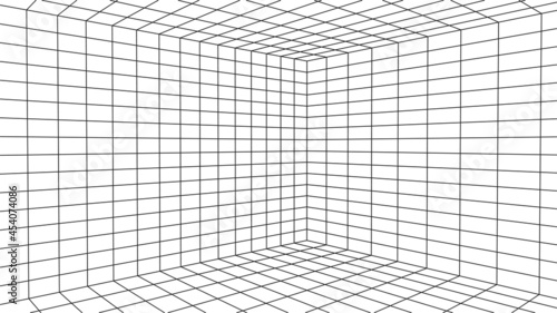 Wireframe room on the white background. Vector perspective grid. Box with digital space.