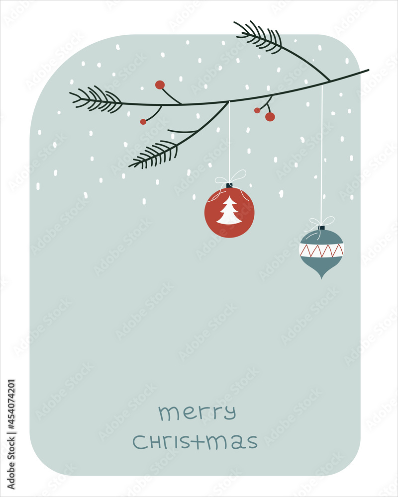 Christmas greeting card. Design of xmas decoration glass balls hanging on fir tree branches with and falling snow blue background. Merry Christmas and happy new year. Vector illustration