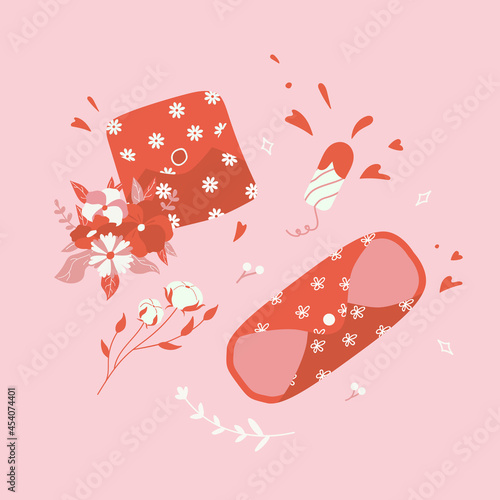Zero waste woman period eco friendly products. Reusable female menstrual pads of cotton textile, tampon. Menstruation hygiene bleeding protection. No plastic, go green stickers. Flowers print