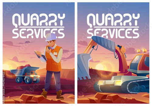 Quarry services posters with man in helmet, dumper and excavator in opencast mine. Vector banners of mining industry with cartoon illustration of engineer and machines working in quarry