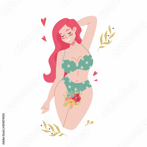 Beautiful curvy female figure. Body positive feminism concept. Lingerie and swimsuit. Beach body, summer vibes. Female beauty and self love poster. Love your body print card, sticker, poster