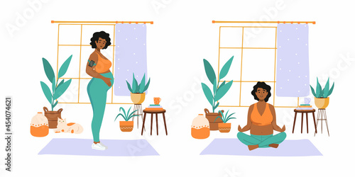 Yoga at home for pregnant woman doing stretching physical exercises set. Women with belly practicing prenatal yoga asana class. Pose collection, stretching in different poses, working out.