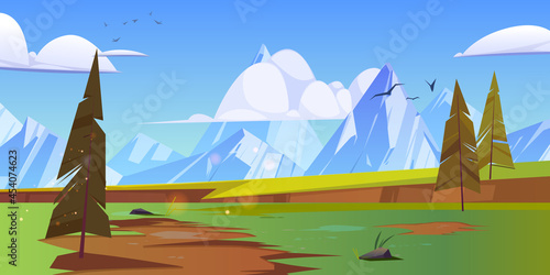 Cartoon nature landscape with mountain peaks, cliff, green field and conifers trees. Rocks and spruces under blue sky with fluffy clouds and flying birds, scenery wood background, vector illustration