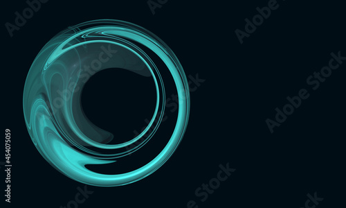 Glowing glossy 3d plasma ball with turquoise swirling stains and refractions rotates and levitates in deep dark space. Great as creative banner, artistic background or design element.