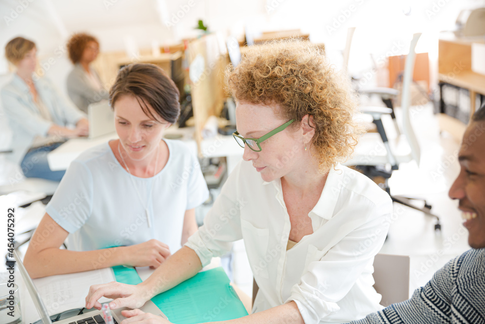 Obraz premium Office workers talking over laptop at desk