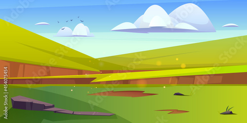 Cartoon nature landscape green field with grass and rocks under blue sky with fluffy clouds and flying birds, picturesque scenery background, natural tranquil countryside scene, vector illustration