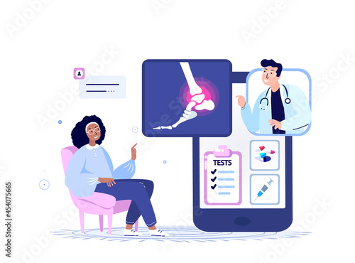 Online Traumatologist Orthopedist Doctor Consultate Woman Patient.Ankle Joint Pain,foot arthritis Inflammation,Osteoarthritis Diagnostic.Internet Treatment.Digital Medical Hospital.Vector Illustration