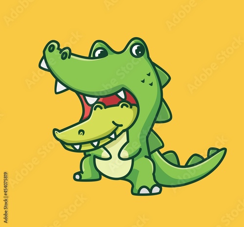 cute baby crocodile costume. cartoon animal nature concept Isolated illustration. Flat Style suitable for Sticker Icon Design Premium Logo vector. Mascot Character